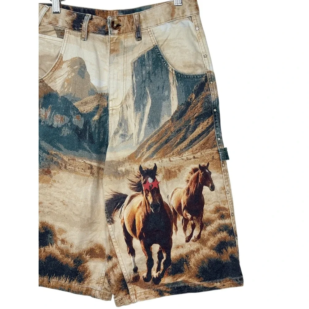 Zara TwoJeys Horse Carpenter Shorts 29 Brown Western Studded Denim Baggy Mens